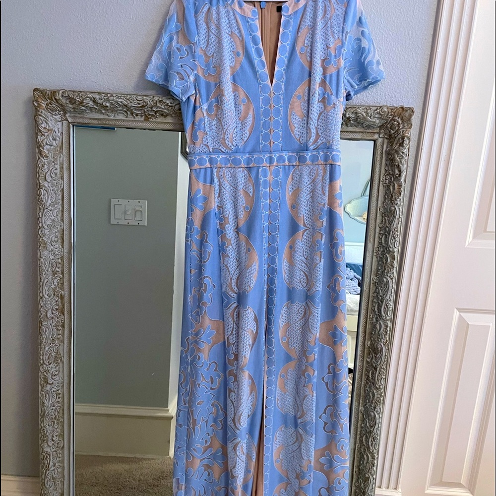 BCBG Max Azria blue/tan lace floor length dress size 10